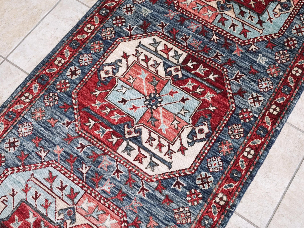 14 Ft Blue Ersari Runner Rug - Traditional Wool Hallway Rug - Turkmen Design