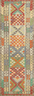 9 Ft Wool Kilim Runner Rug - Traditional Afghan Hallway Rug