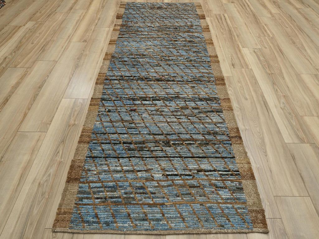 10 Ft Brown & Blue Moroccan Wool Runner Rug: Afghan Handmade Rug