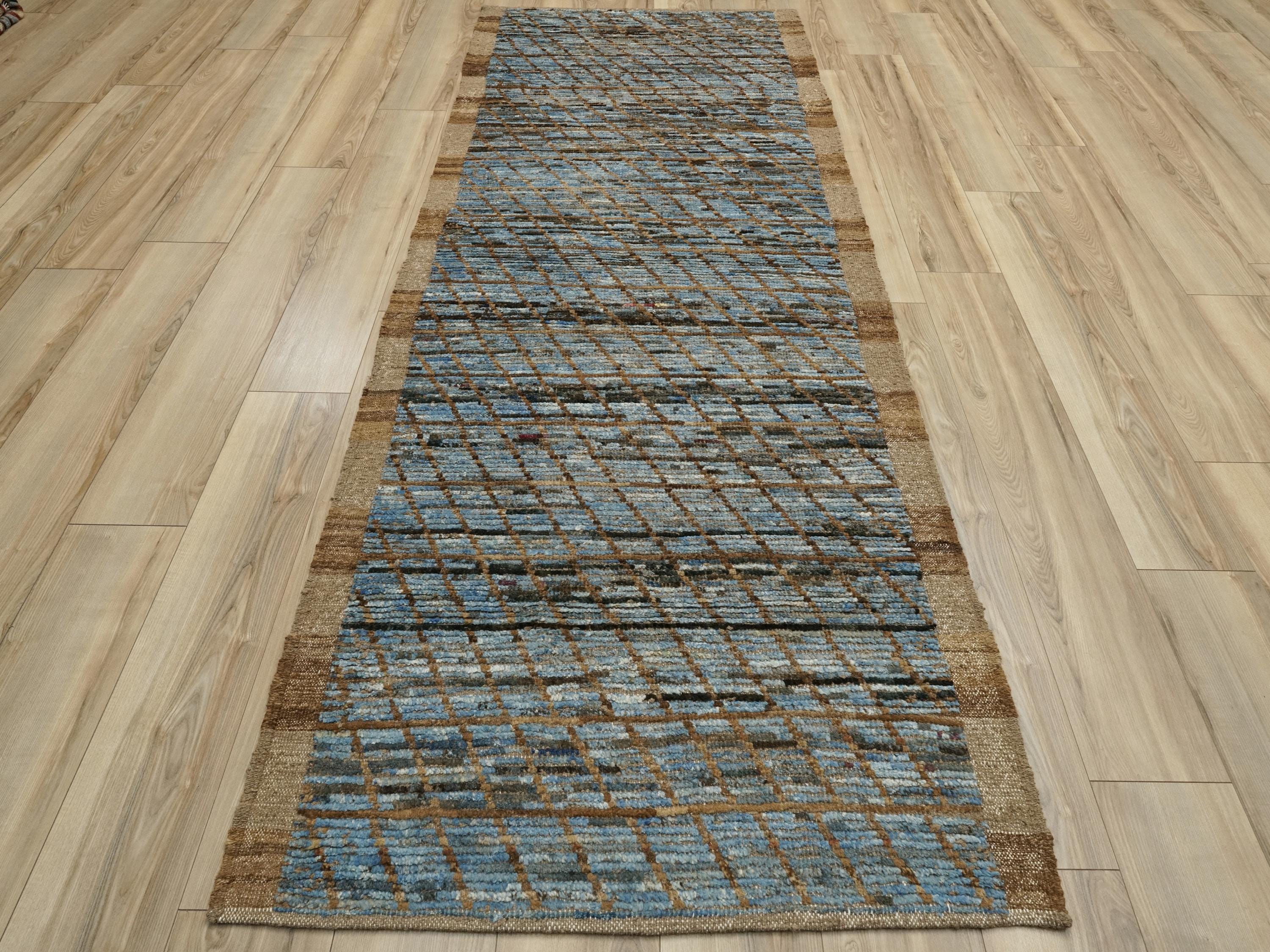 10 Ft Brown & Blue Moroccan Wool Runner Rug: Afghan Handmade Rug