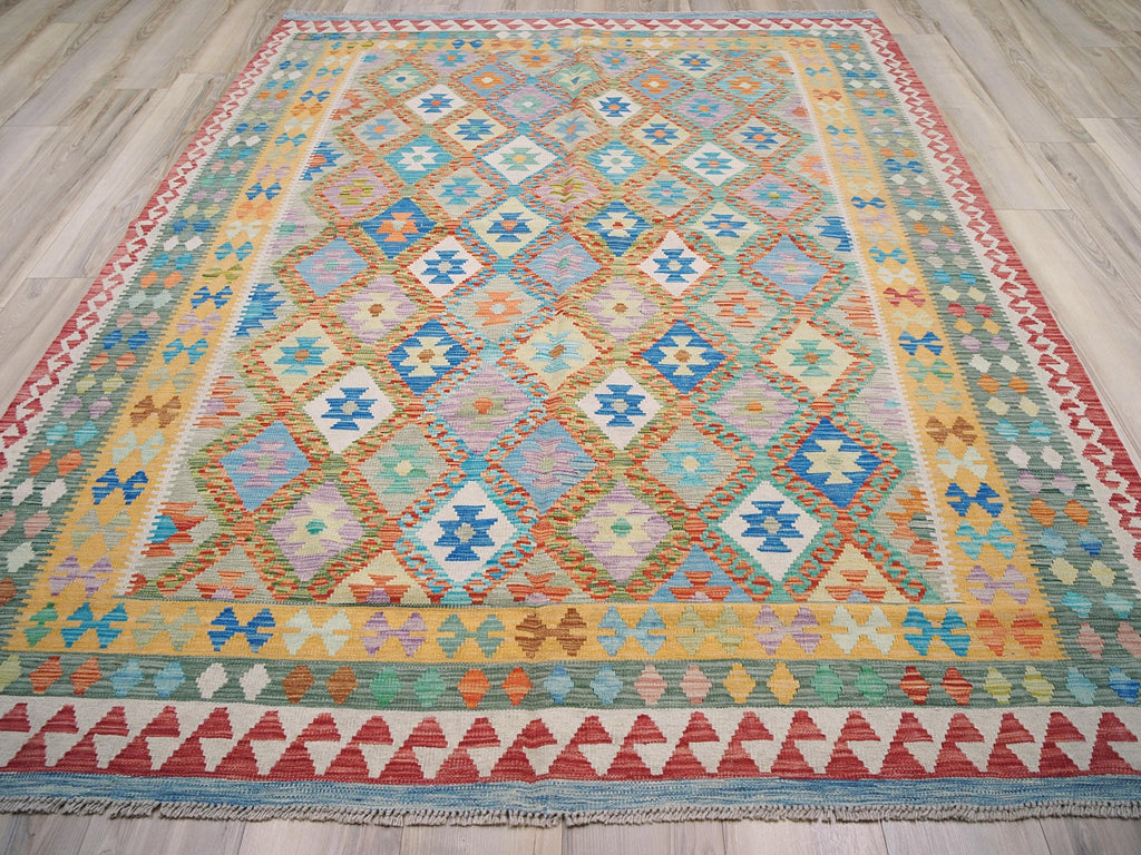7x10 Ft Maimana Kilim Rug - Green & Blue Flat Weave Tribal Rug