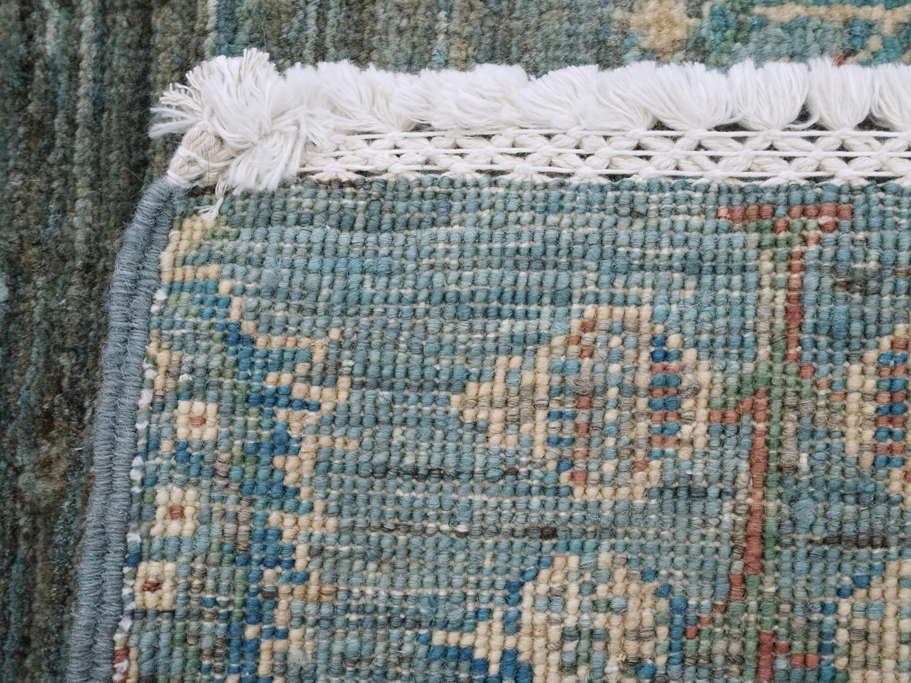 3x3 Ft Cyan Serapi Rug - Hand Knotted Wool Oriental Rug - Floral Design
