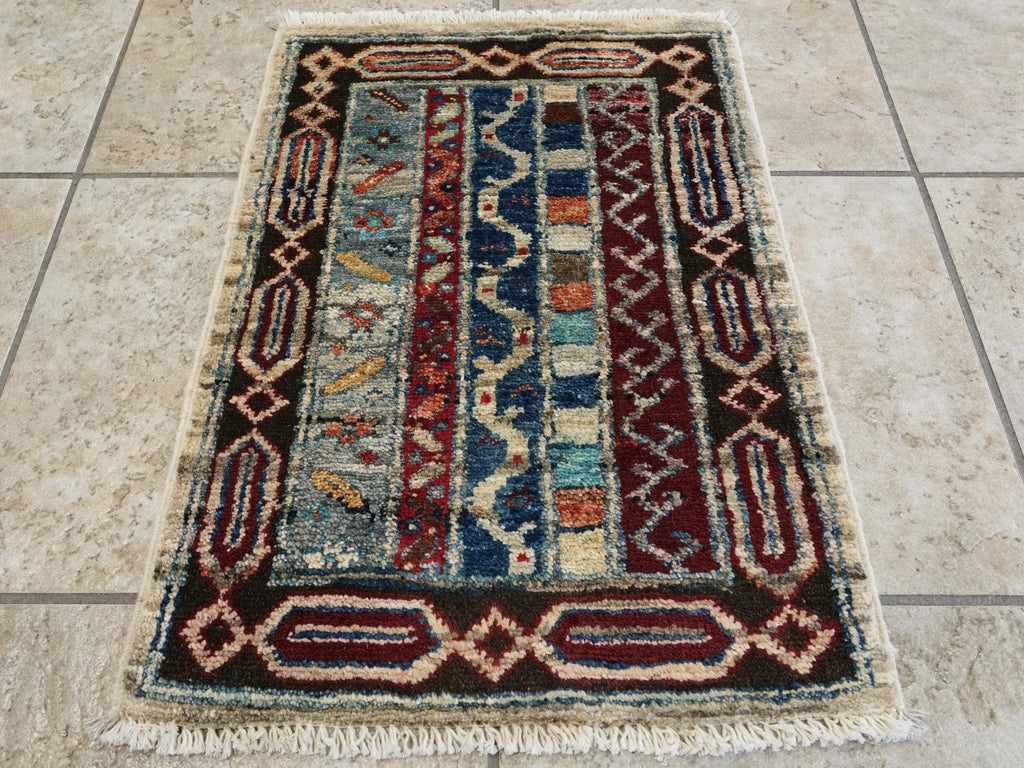 1x2 Ft Hand Knotted Heriz Rug - Beige & Blue Afghan Wool Doormat