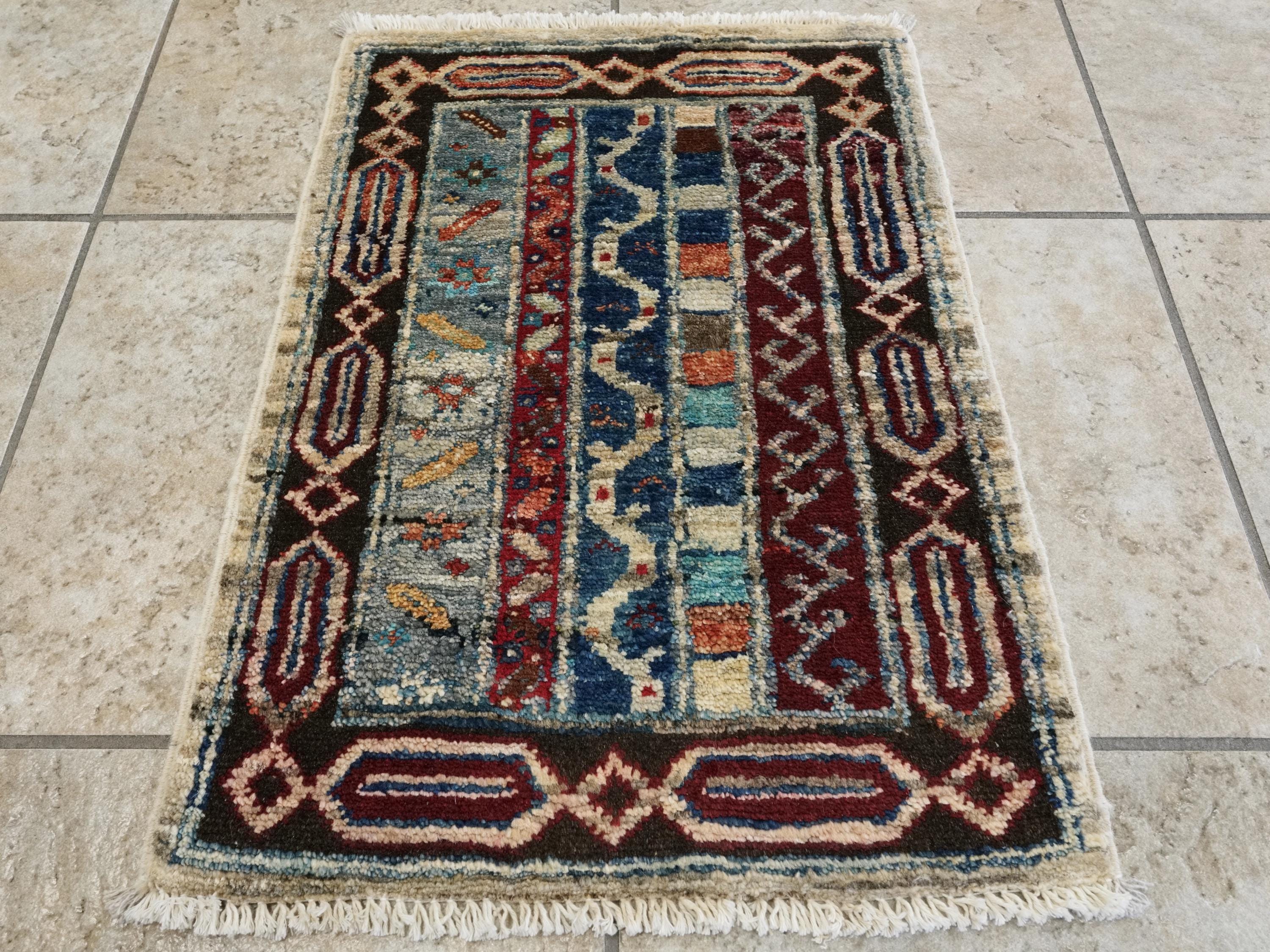 1x2 Ft Hand Knotted Heriz Rug - Beige & Blue Afghan Wool Doormat