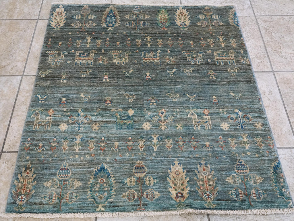 3x3 Ft Cyan Serapi Rug - Hand Knotted Wool Oriental Rug - Floral Design