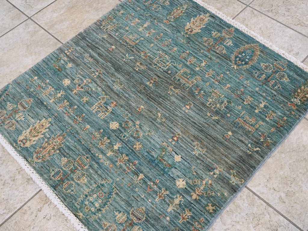 3x3 Ft Cyan Serapi Rug - Hand Knotted Wool Oriental Rug - Floral Design