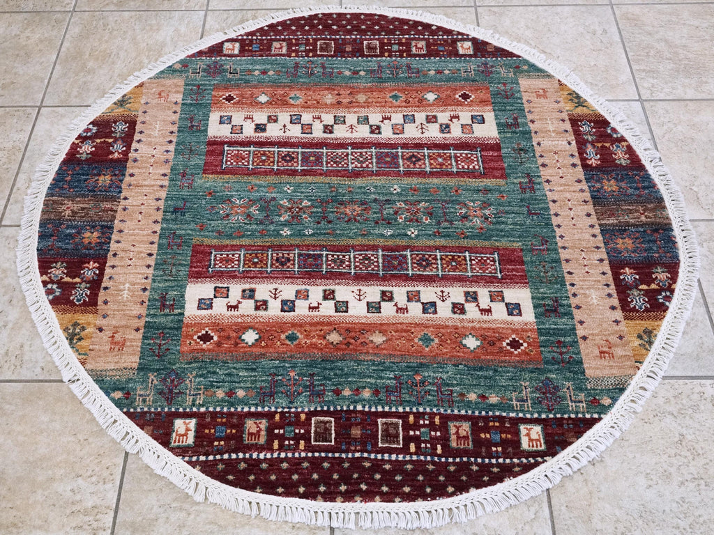 4x4 Ft Colorful Khorjin Rug - Hand Knotted Round Rug - Tribal Design