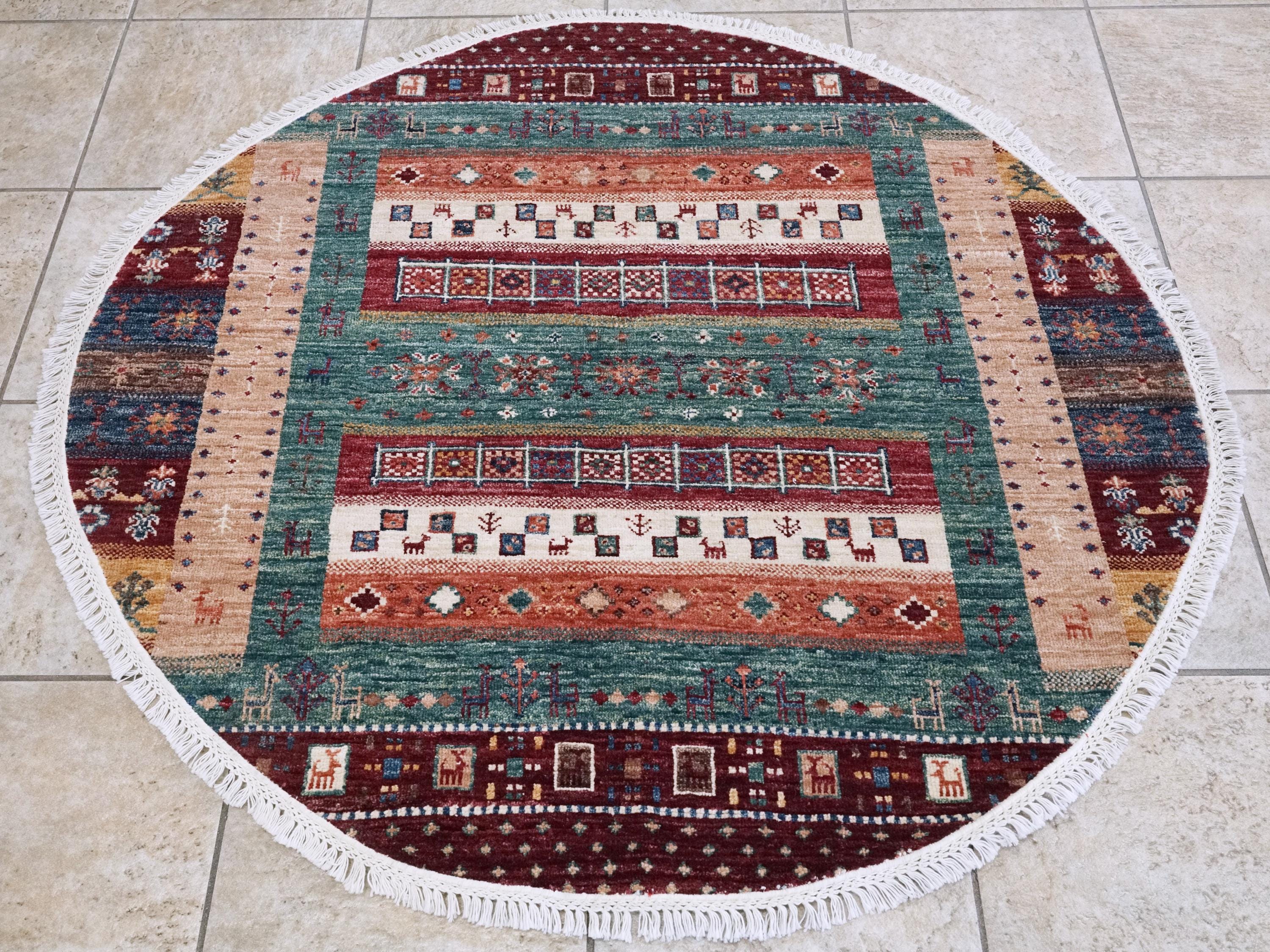 4x4 Ft Colorful Khorjin Rug - Hand Knotted Round Rug - Tribal Design