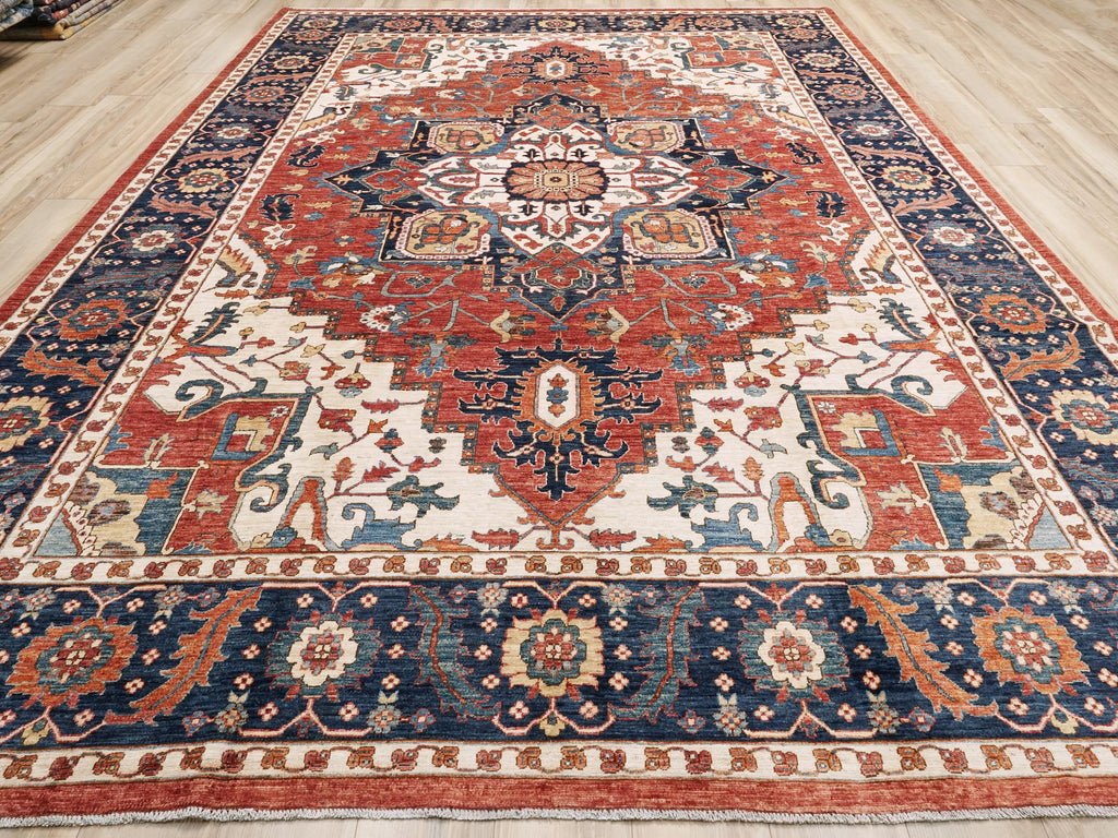 10x14 Ft Red & Blue Serapi Rug - Hand Knotted Afghan Oriental Rug - Floral Design