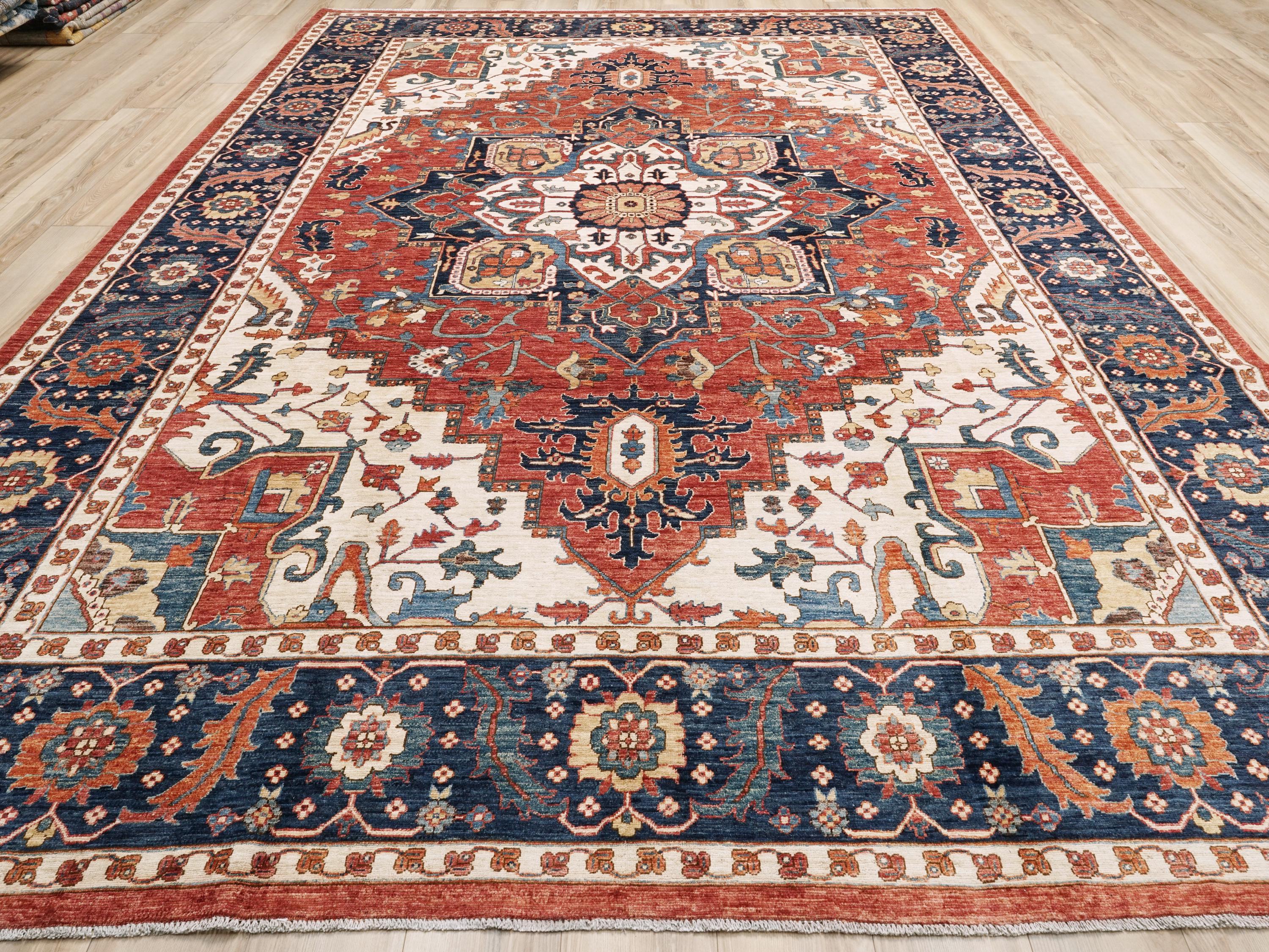 10x14 Ft Red & Blue Serapi Rug - Hand Knotted Afghan Oriental Rug - Floral Design