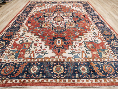 10x14 Ft Red & Blue Serapi Rug - Hand Knotted Afghan Oriental Rug - Floral Design