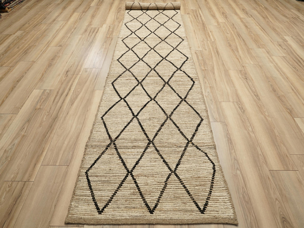 15 Ft Handmade Wool Moroccan Runner Rug: Beige Afghan Hallway Rug