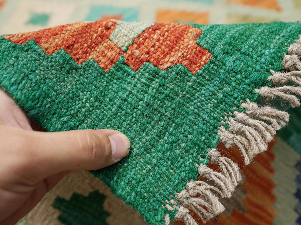 6x8 Ft Green Kilim Rug - Traditional Wool Flat Weave - Geometric Design