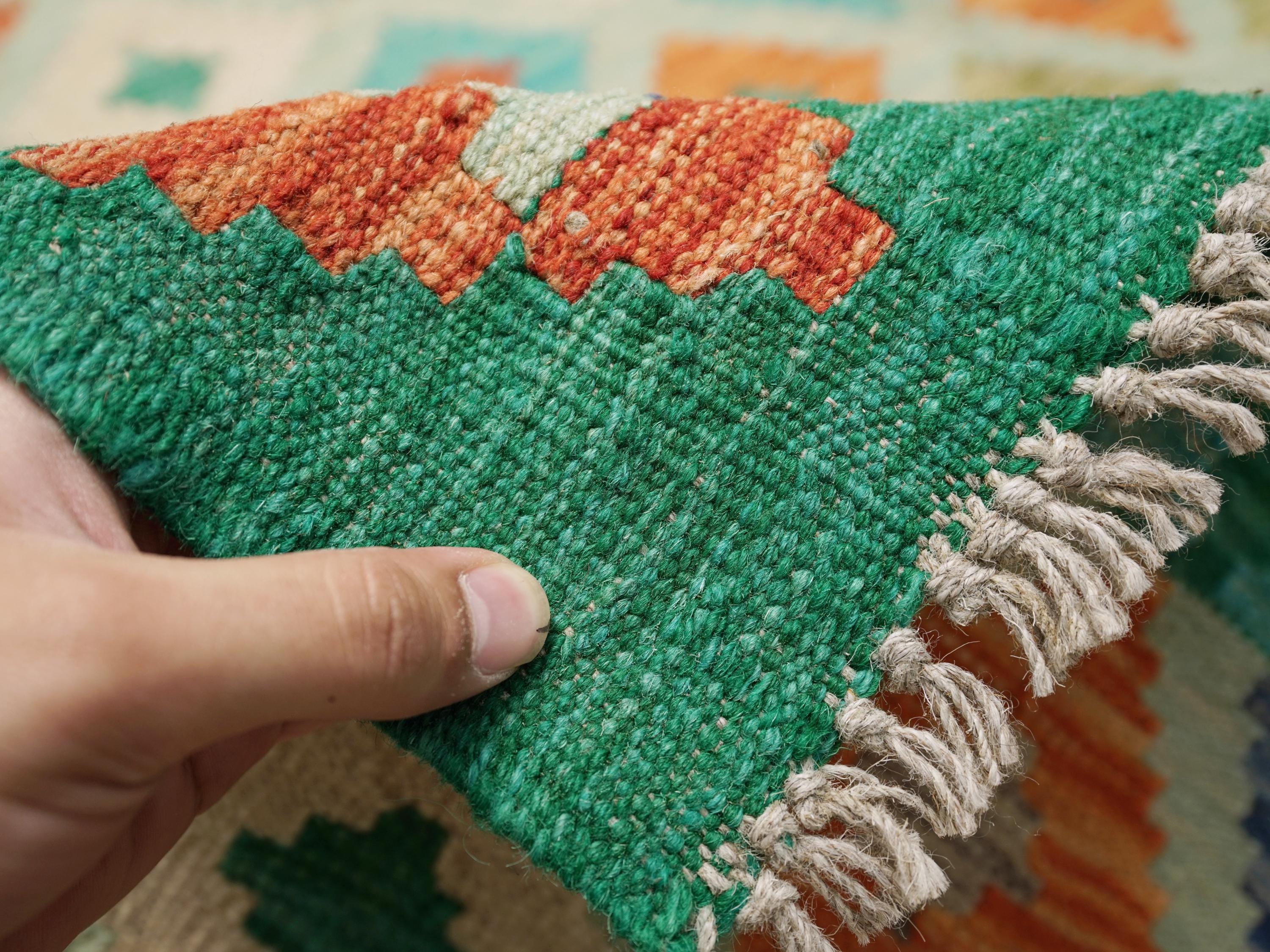 6x8 Ft Green Kilim Rug - Traditional Wool Flat Weave - Geometric Design