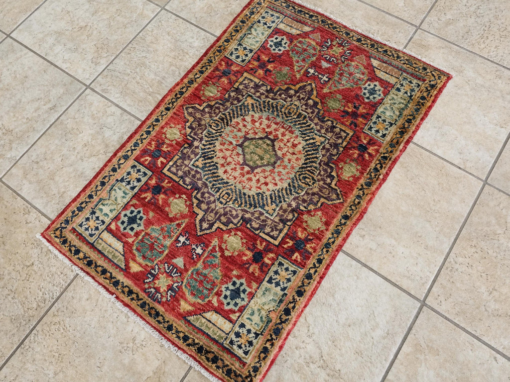 2x3 Ft Hand Knotted Wool Mamluk Rug - Red Oriental Accent Rug