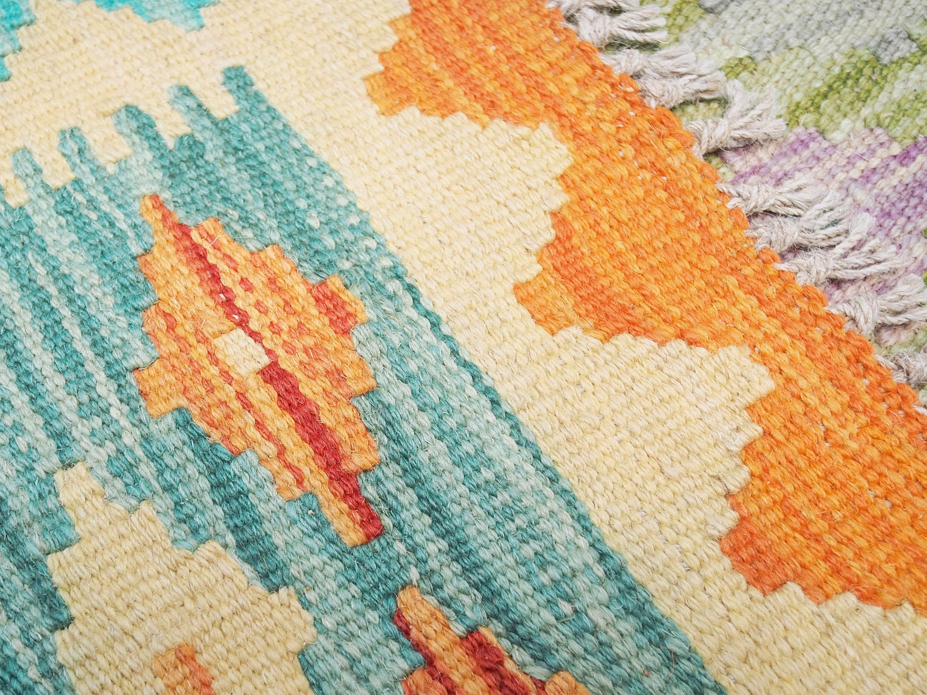 6x8 Ft Orange & Green Kilim Rug - Geometric Flatweave