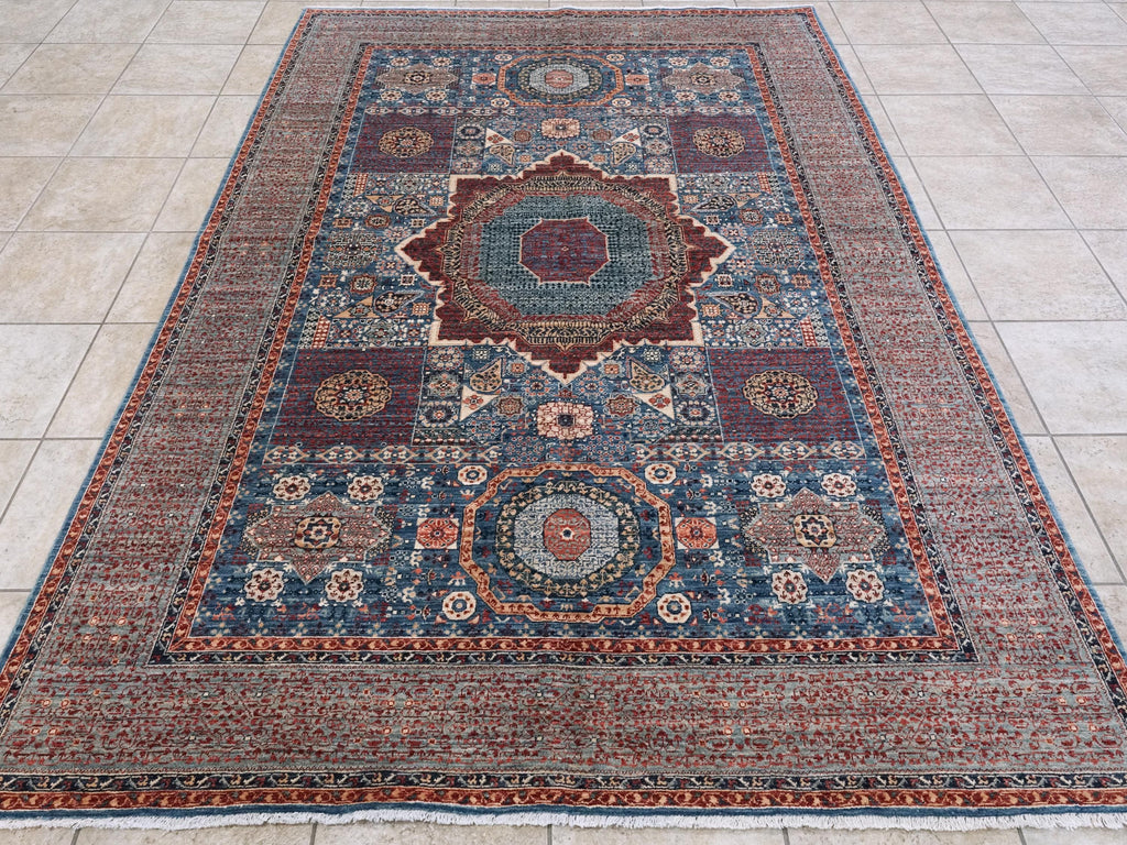 6x9 Ft Blue Mamluk Rug - Hand Knotted Afghan Wool Rug - Geometric Design