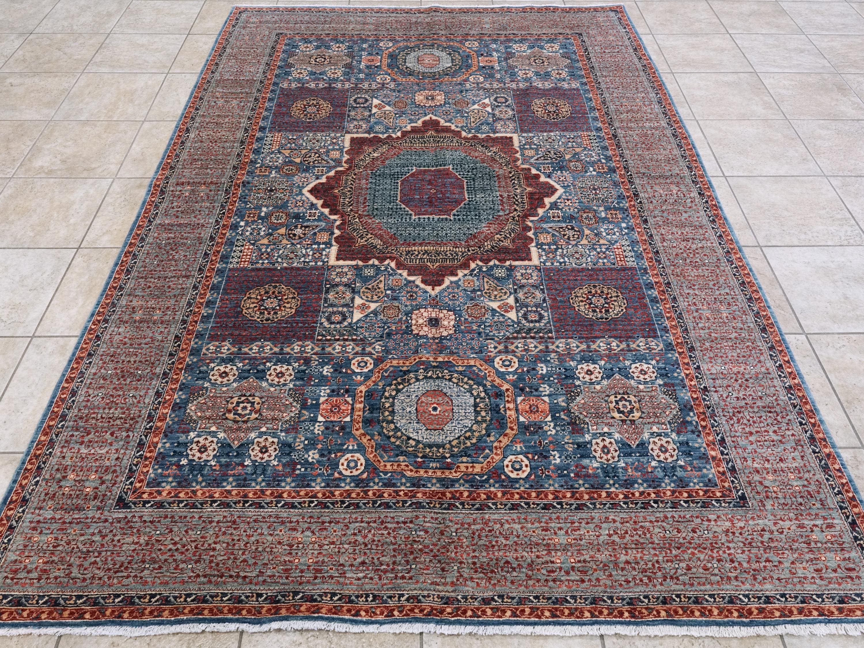 6x9 Ft Blue Mamluk Rug - Hand Knotted Afghan Wool Rug - Geometric Design
