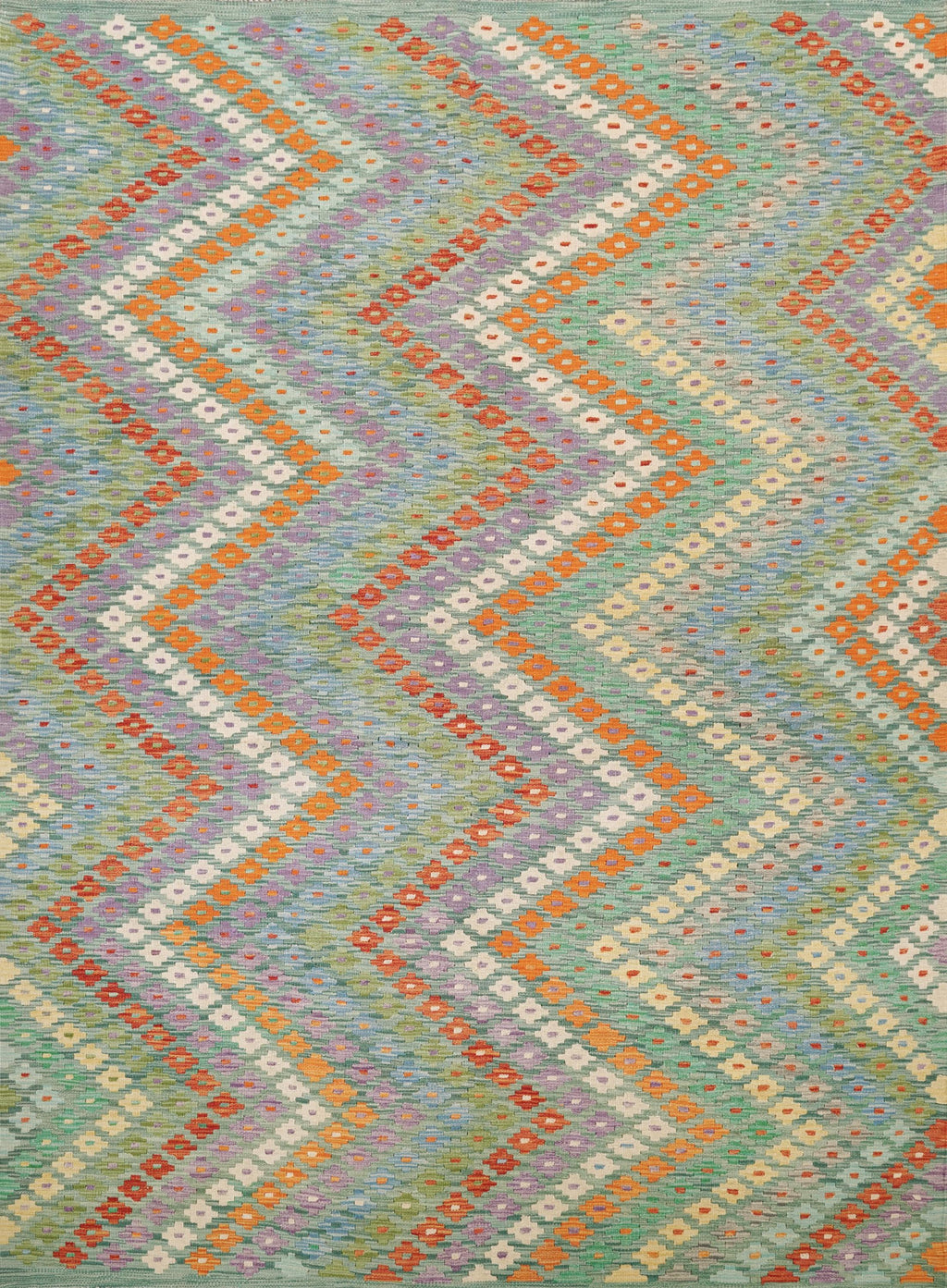 7x10 Ft Green Kilim Rug - Flat Weave Area Rug