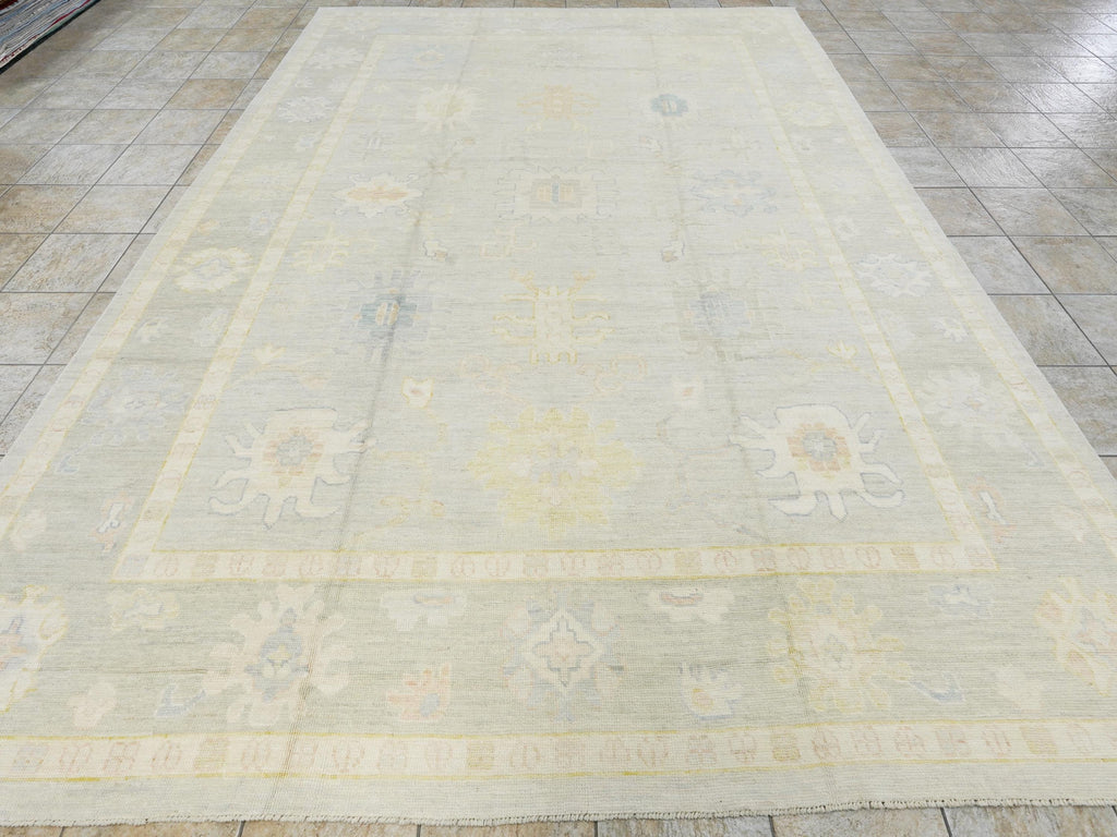 10x14 Ft Muted Green Ushak Rug - Hand Knotted Afghan Rug - Turkish Floral Design