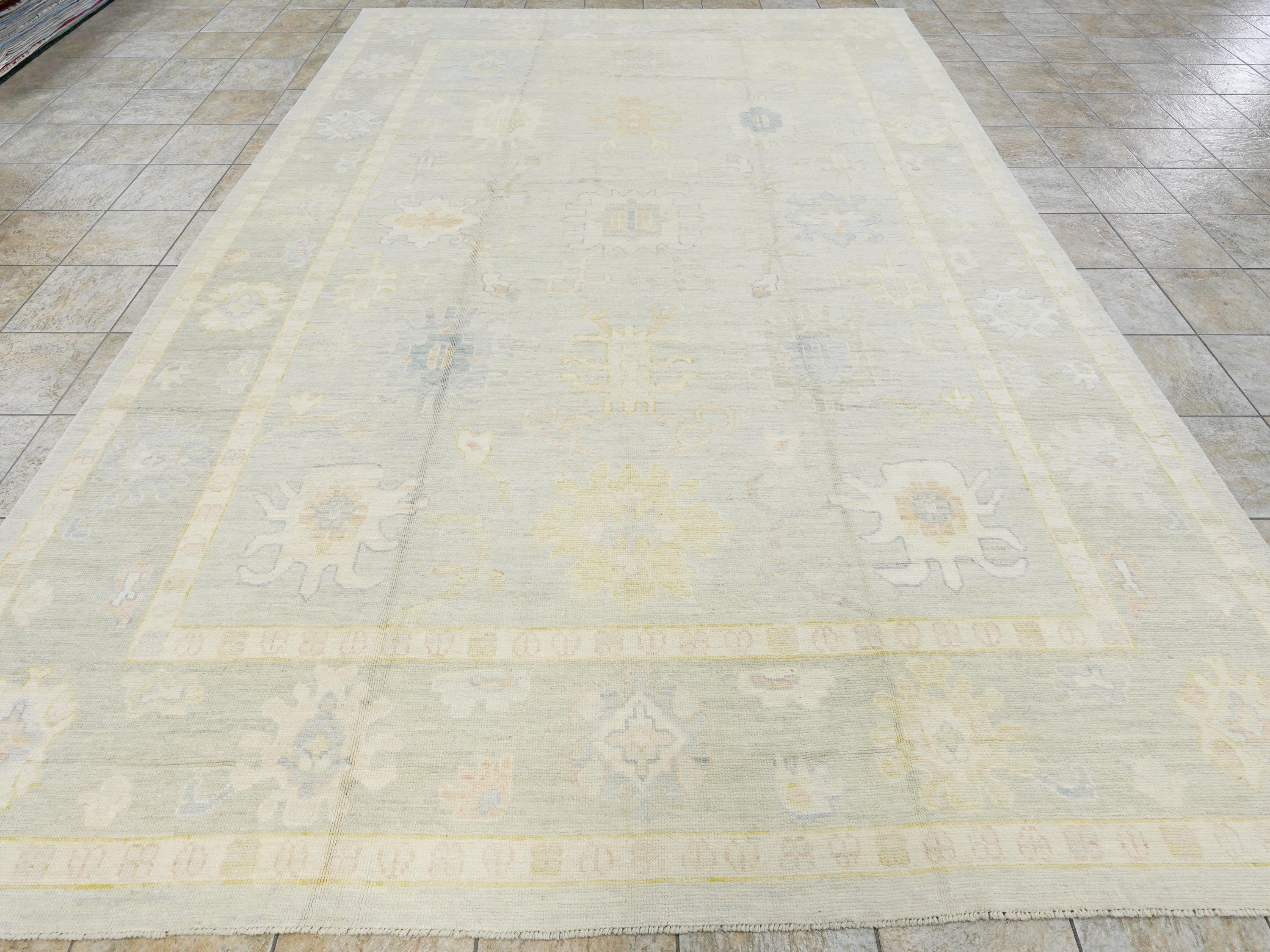 10x14 Ft Muted Green Ushak Rug - Hand Knotted Afghan Rug - Turkish Floral Design