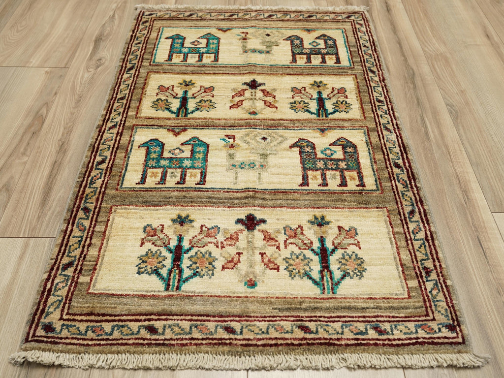 2x3 Ft Hand Knotted Beige Gabbeh Rug - Tribal Area Rug