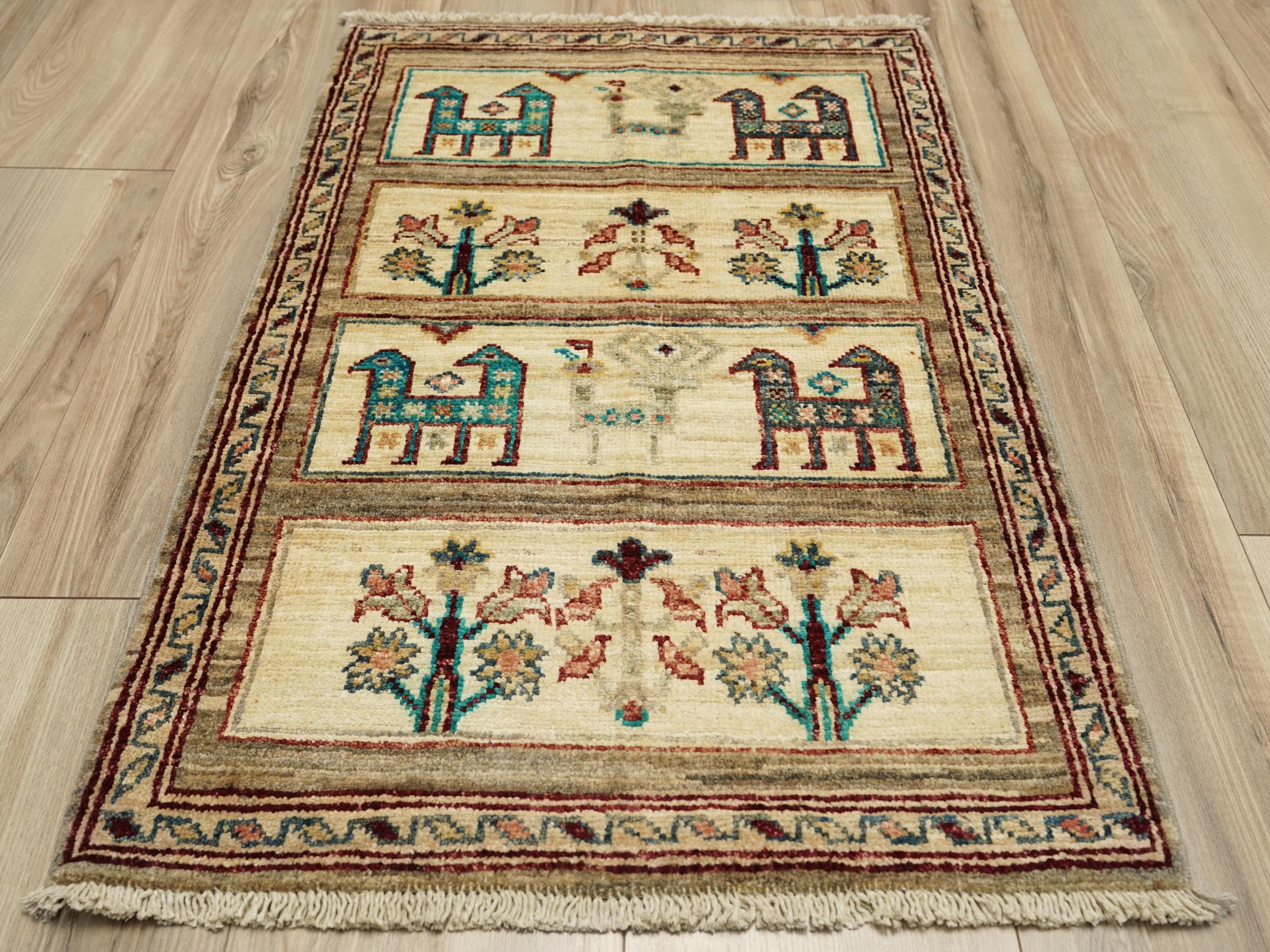 2x3 Ft Hand Knotted Beige Gabbeh Rug - Tribal Area Rug