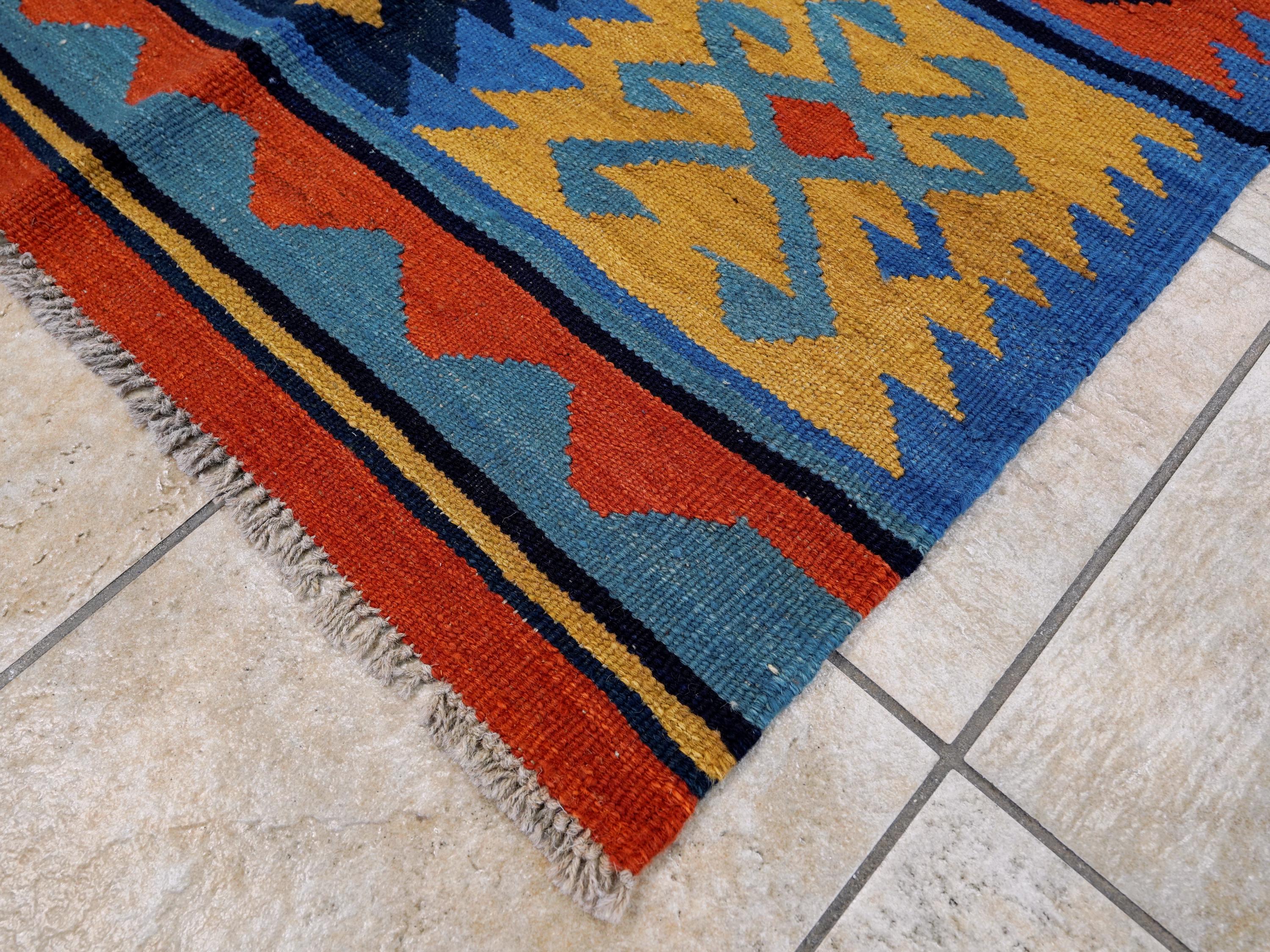 6x9 Ft Red & Blue Maimana Kilim Rug - Hand Knotted Wool Tribal Rug