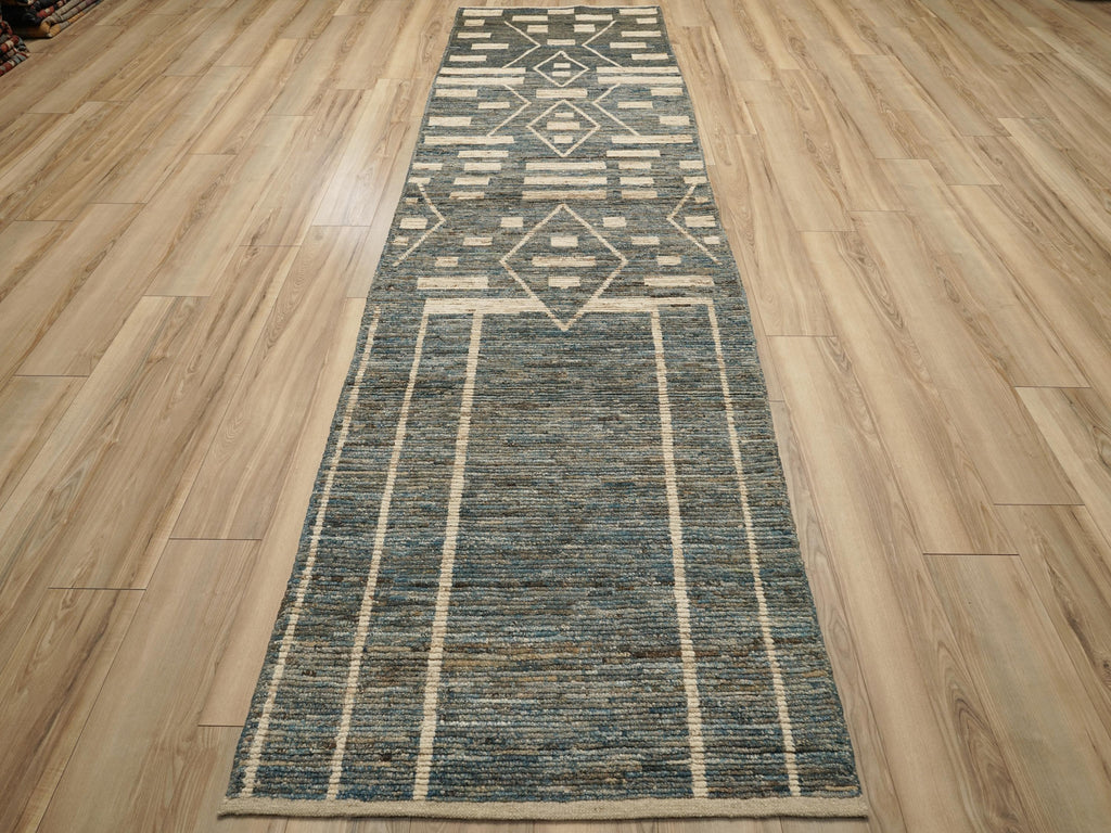 13 Ft Blue Moroccan Runner Rug - Hand Knotted Afghan Rug