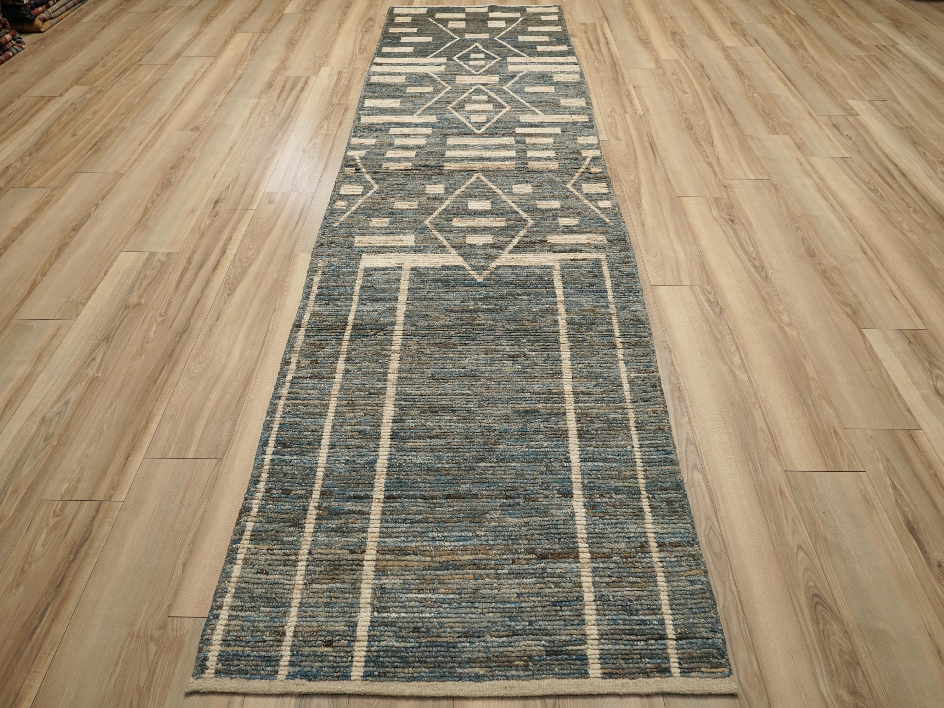 13 Ft Blue Moroccan Runner Rug - Hand Knotted Afghan Rug