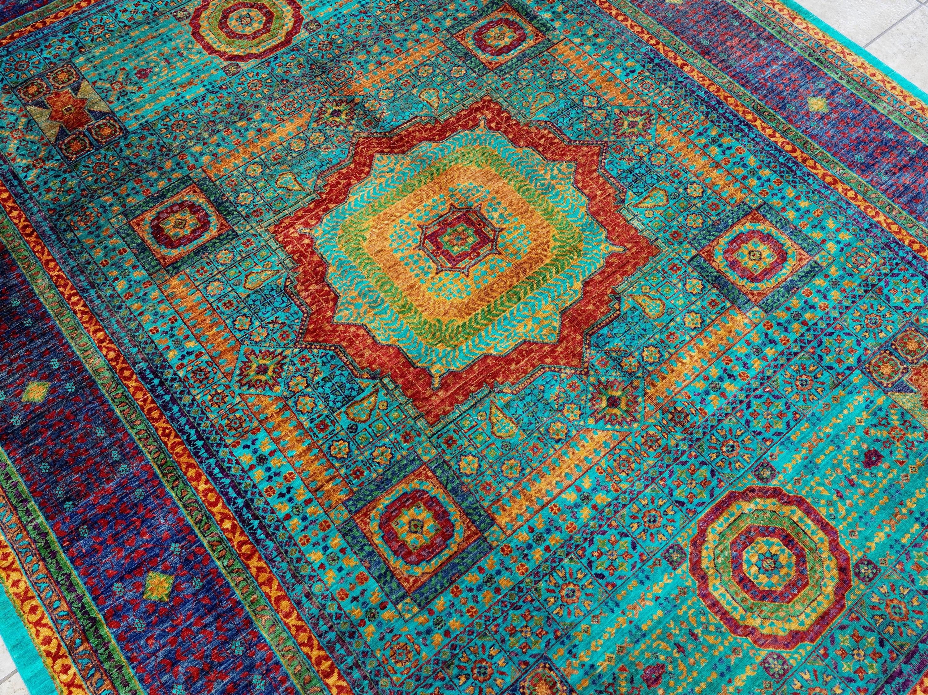 7x10 Ft Turquoise Mamluk Rug - Afghan Oriental Wool Rug
