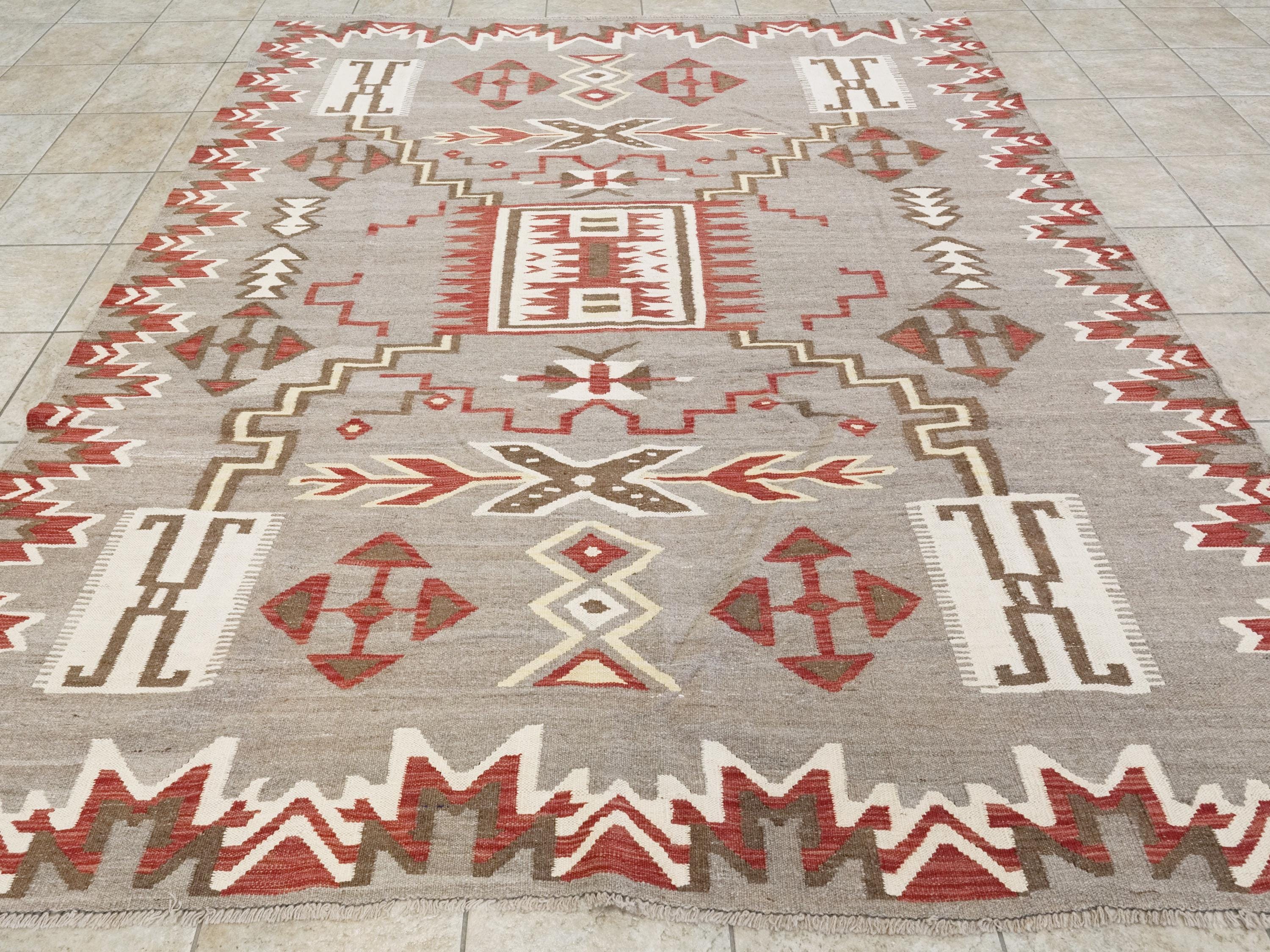 8x9 Ft Red Navajo Rug - Traditional Flat Weave - Tribal Design