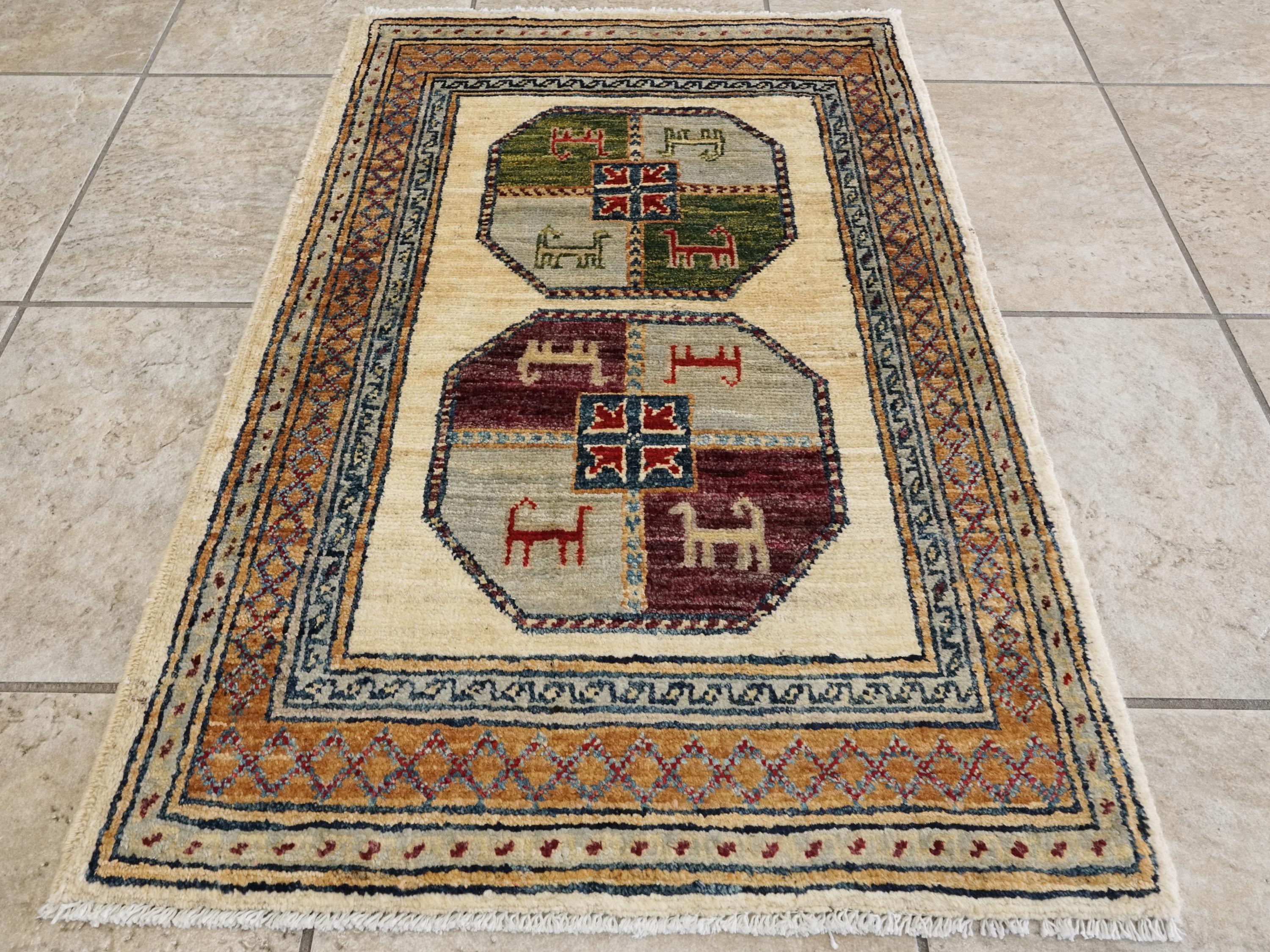 2x3 Ft Handmade Afghan Ersari Wool Rug - Beige Oriental Accent Rug