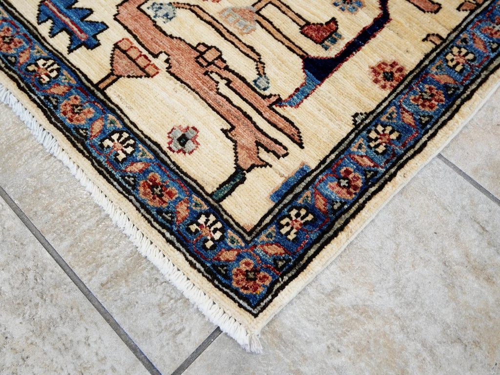 3x5 Ft Beige & Blue Heriz Rug - Handmade Afghan Rug