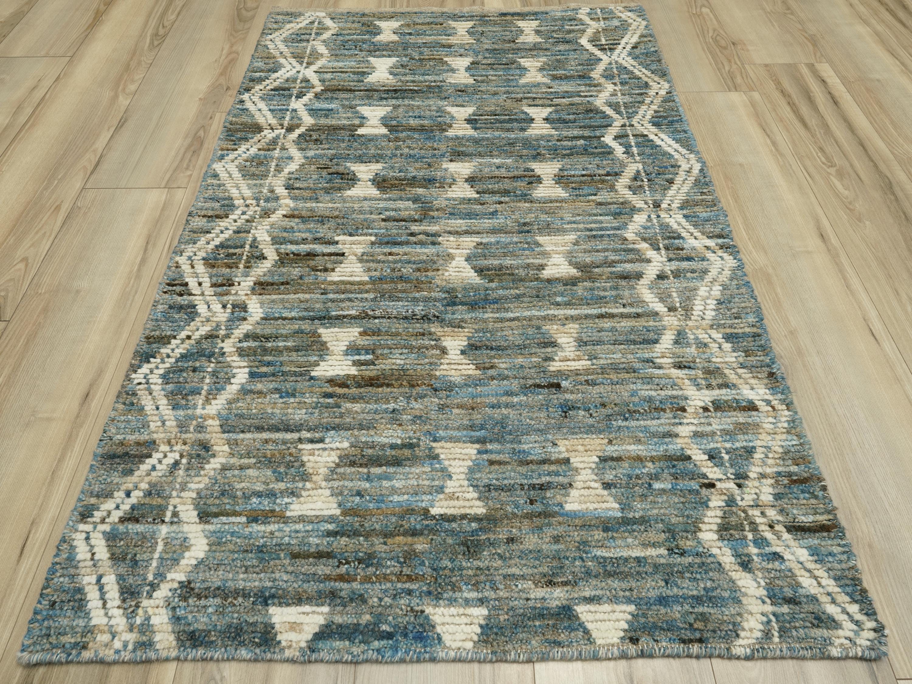 3x5 Ft Blue Moroccan Wool Rug - Hand Knotted Area Rug