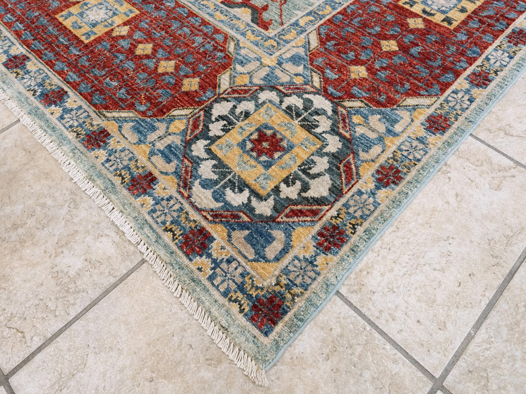 8x10 Ft Blue & Red Heriz Rug - Handmade Afghan Wool Rug - Traditional Persian Design