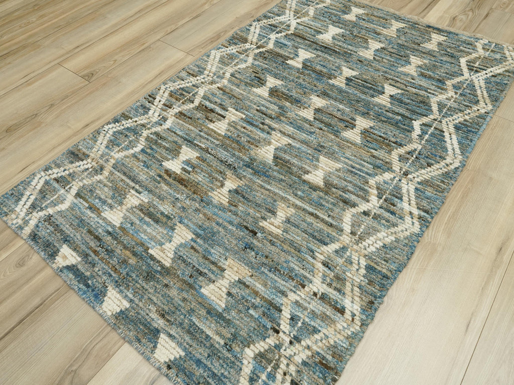 3x5 Ft Blue Moroccan Wool Rug - Hand Knotted Area Rug