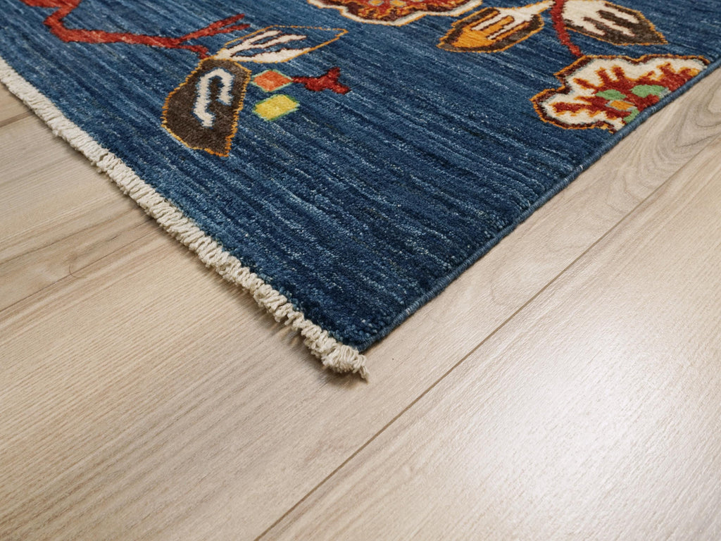 6x9 Ft Blue Owl Rug - Hand Knotted Wool Gabbeh Rug