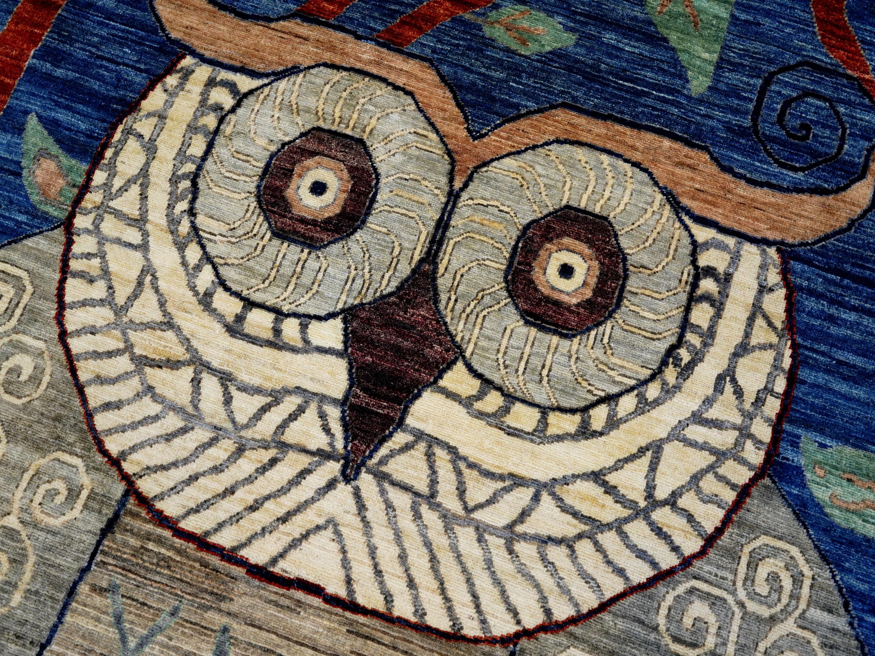 6x9 Ft Owl Rug - Hand Knotted Wool Gabbeh Rug - Animal Design