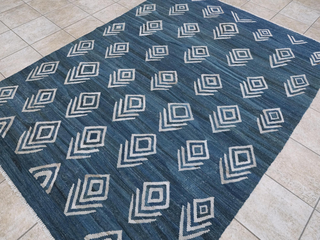 6x8 Ft Blue Kilim Rug - Flatweave Area Rug - Contemporary Design
