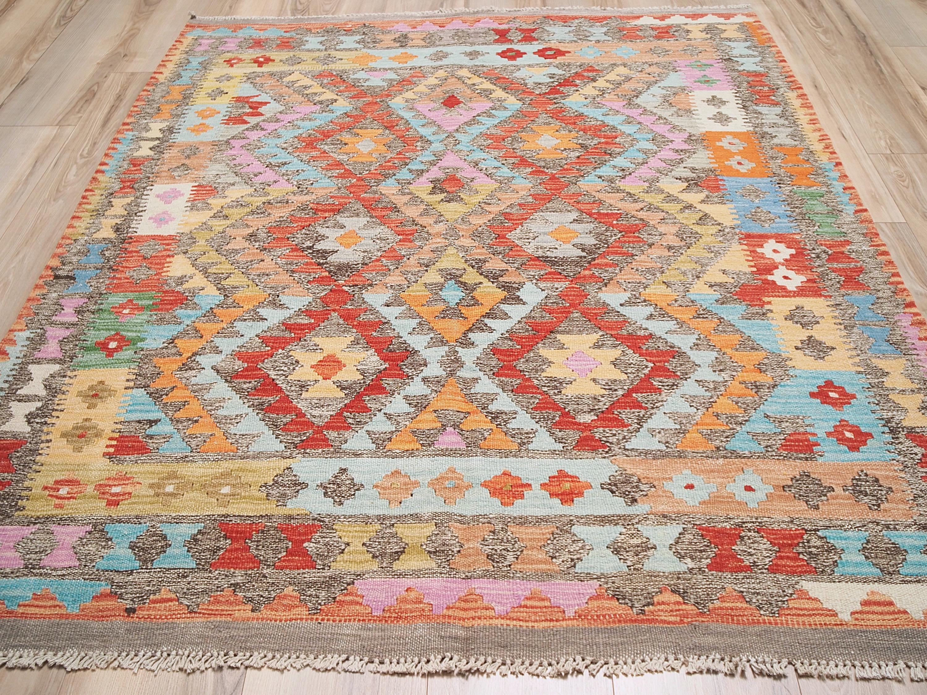 5x6 Ft Orange Tribal Kilim Rug - Flat Weave Wool Rug