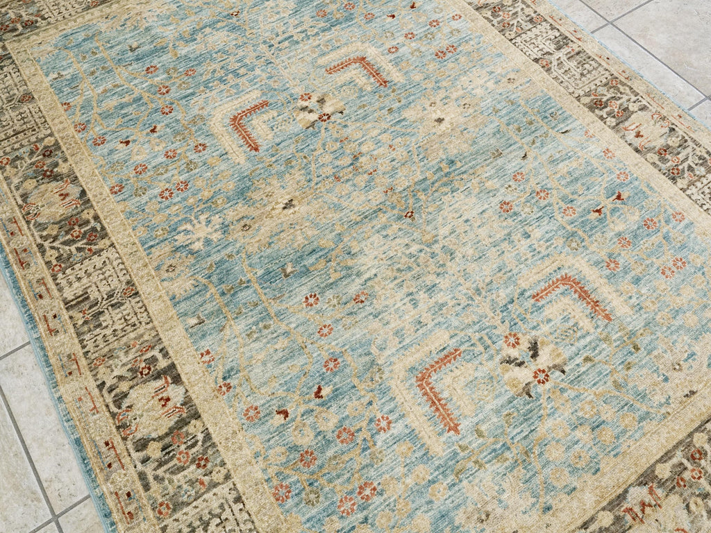 5x7 Ft Blue Floral Persian Rug - Hand Knotted Oriental Rug
