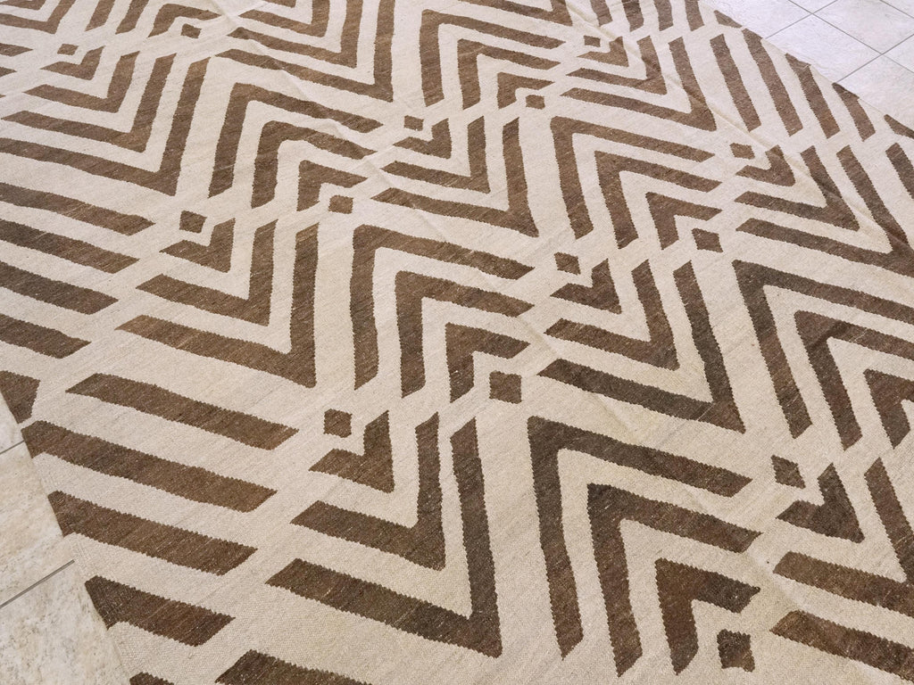 9x12 Ft Brown & Beige Killim Rug - Flat Weave Area Rug