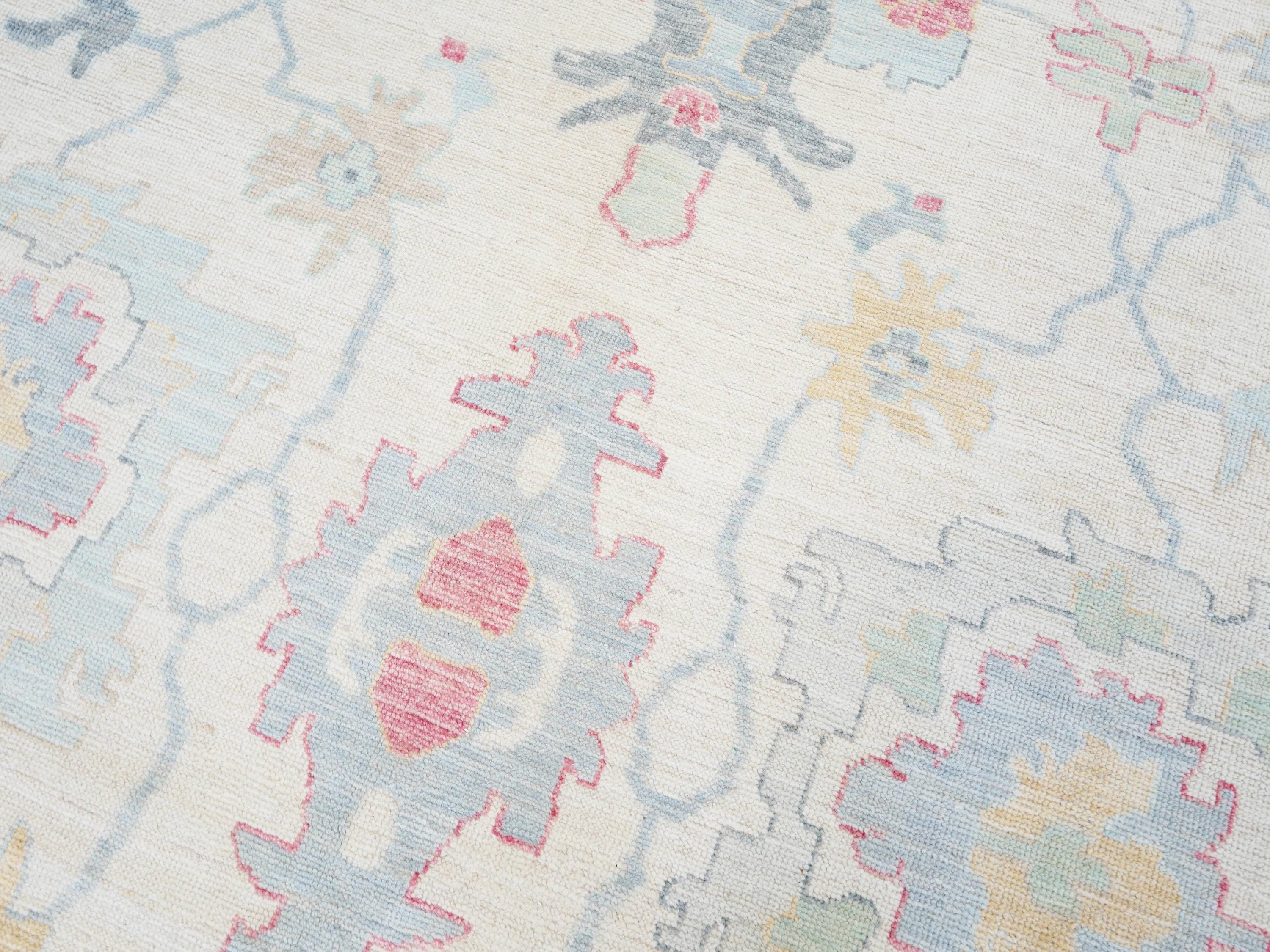 9x12 Ft White Pastel Oushak Rug - Handmade Area Rug - Floral Design