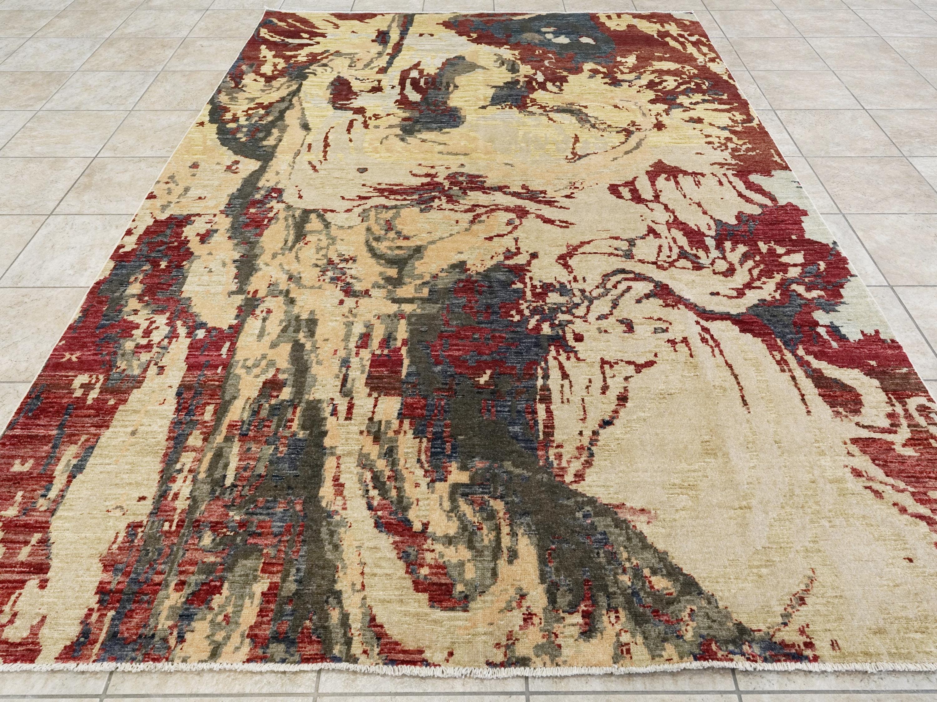 7x10 Ft Hand Knotted Gabbeh Rug - Red & Beige Wool Abstract Rug