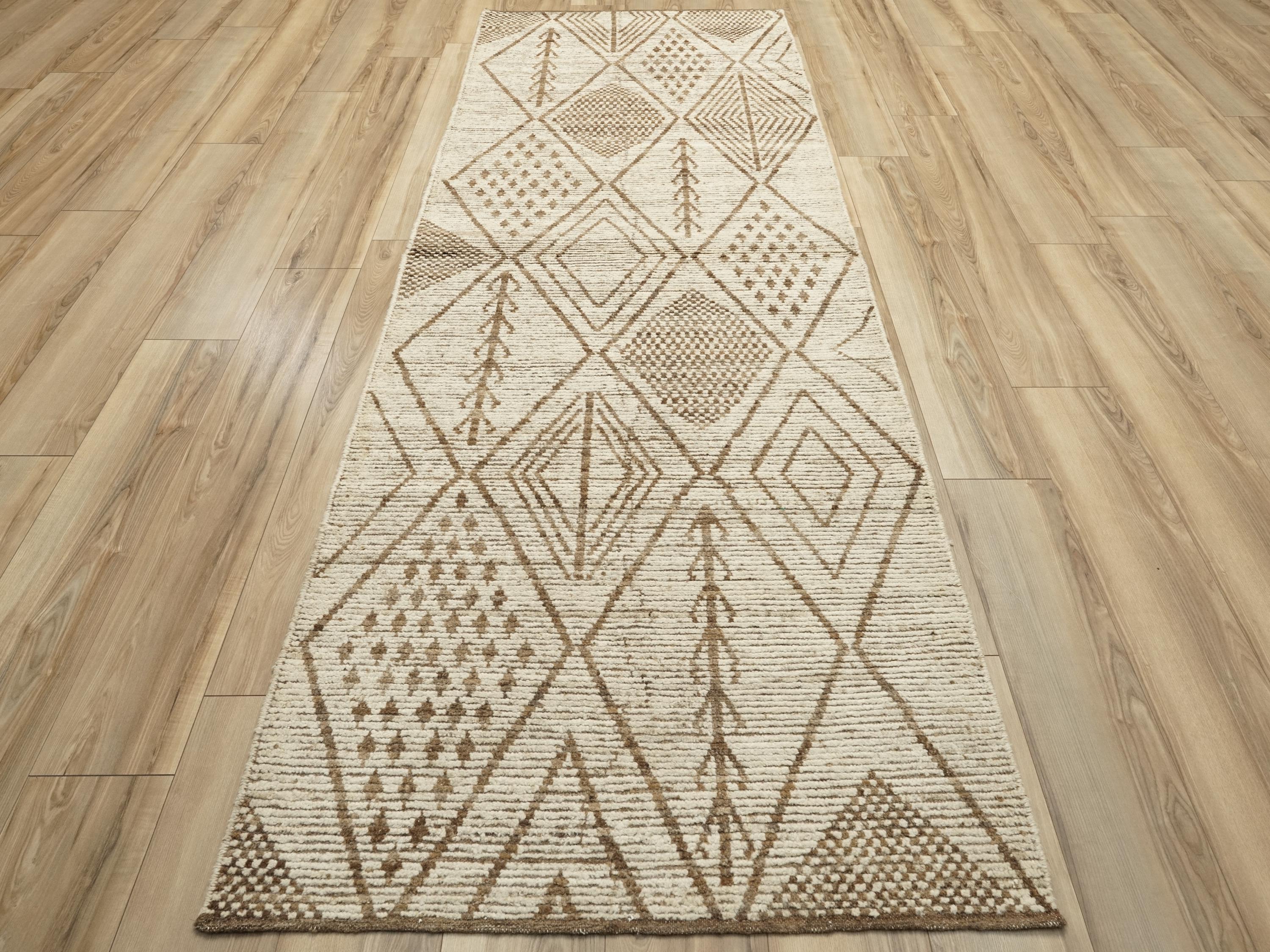 10 Ft Beige Moroccan Runner Rug - Hand Knotted Wool Runner
