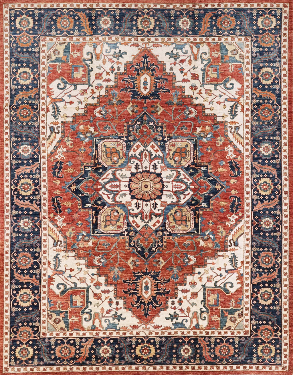 10x14 Ft Red & Blue Serapi Rug - Hand Knotted Afghan Oriental Rug - Floral Design
