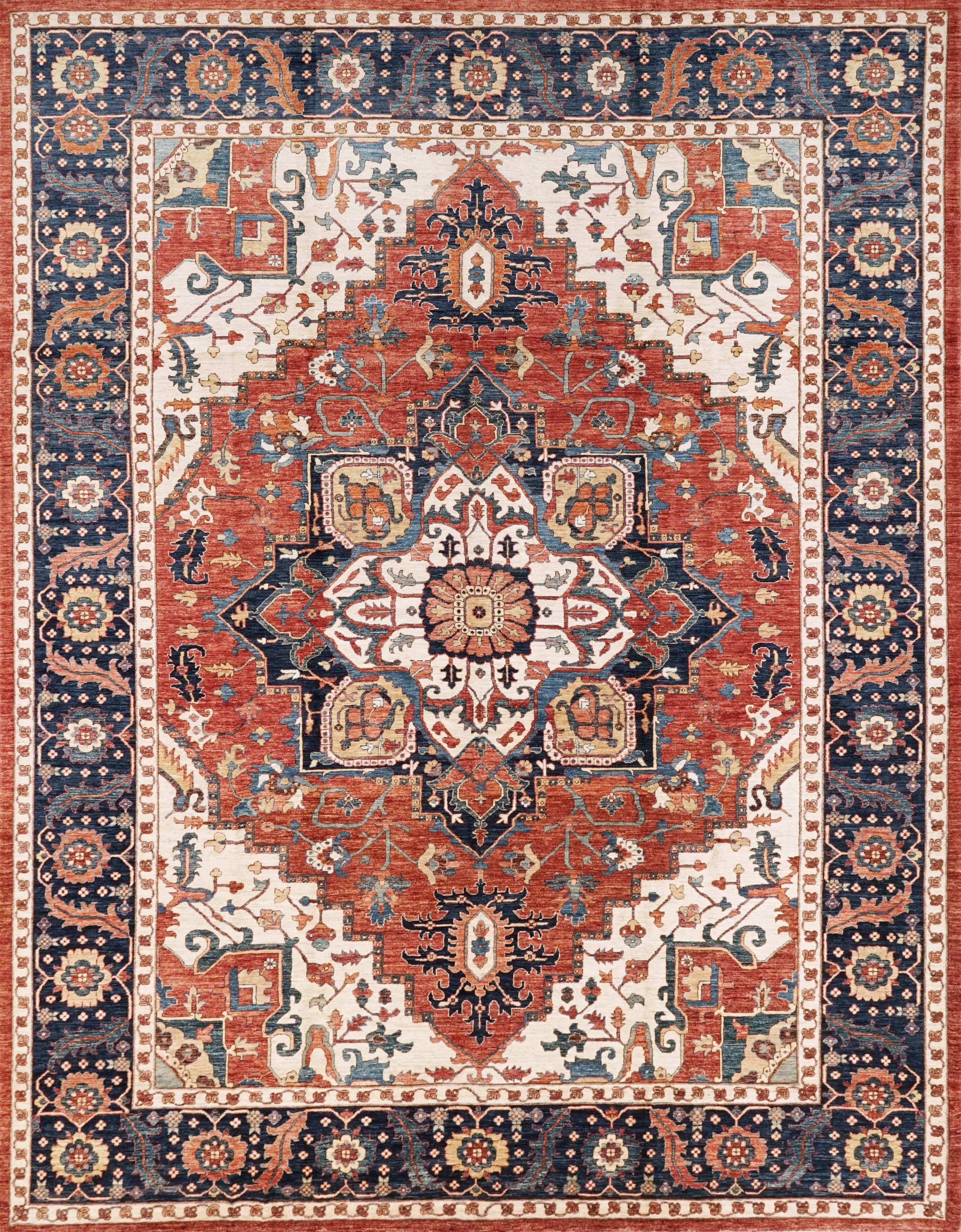 10x14 Ft Red & Blue Serapi Rug - Hand Knotted Afghan Oriental Rug - Floral Design
