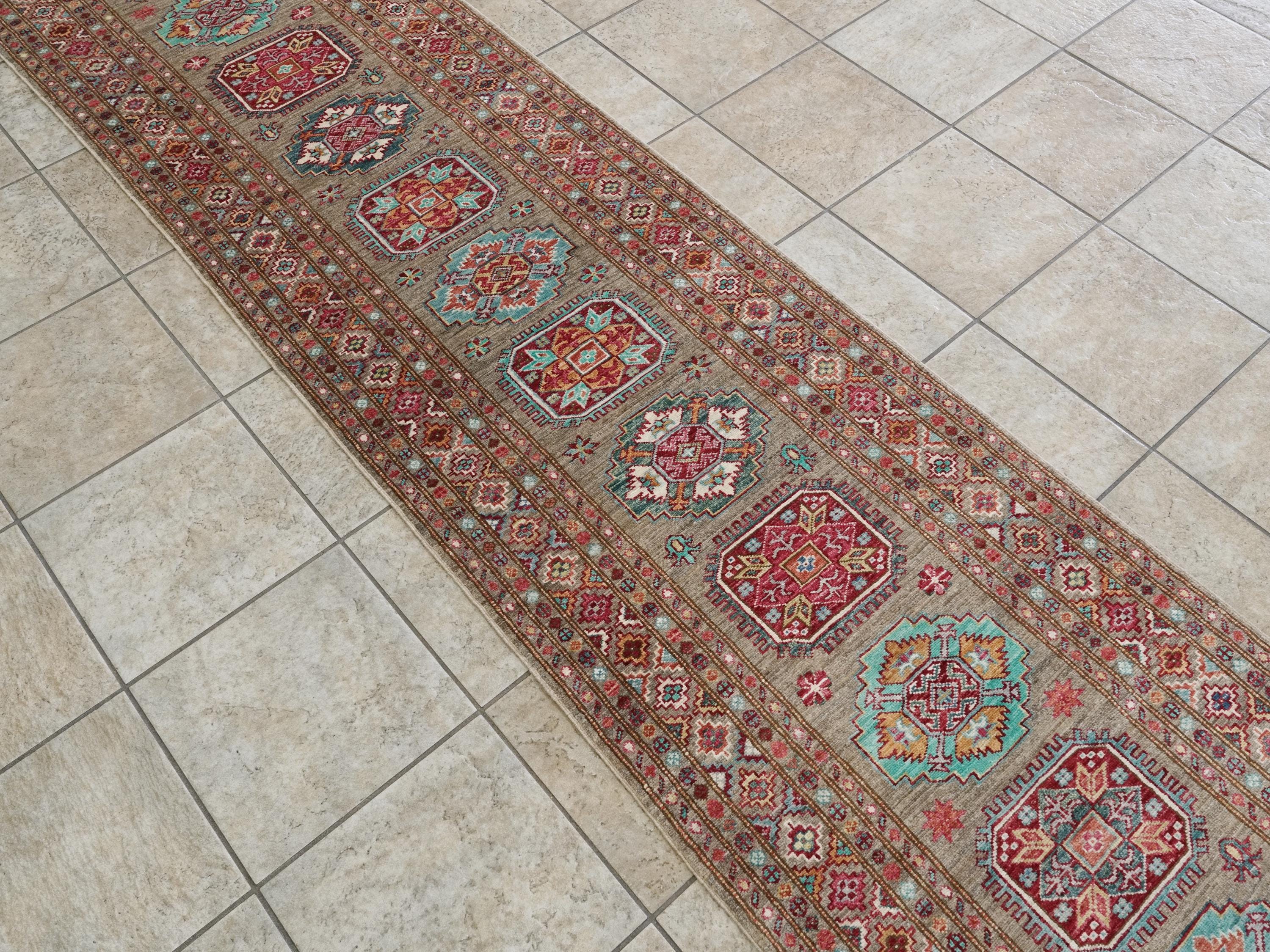 13 Ft Brown Kazak Runner Rug - Handmade Afghan Hallway Rug