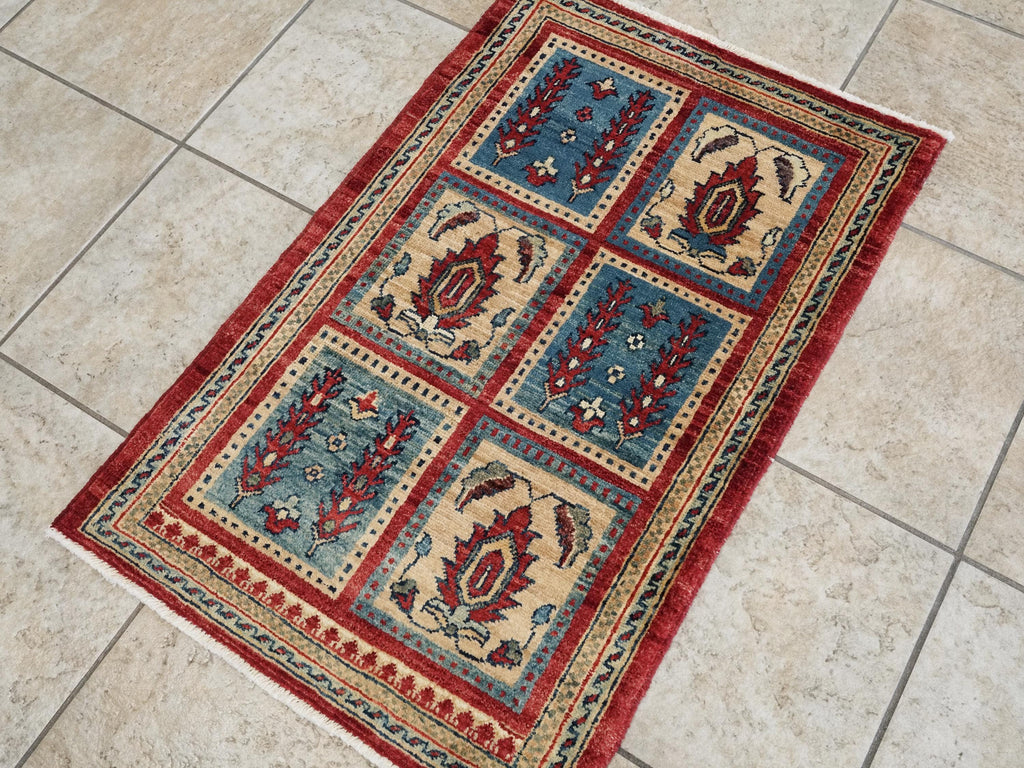 2x3 Ft Hand Knotted Red Heriz Rug - Afghan Wool Accent Rug
